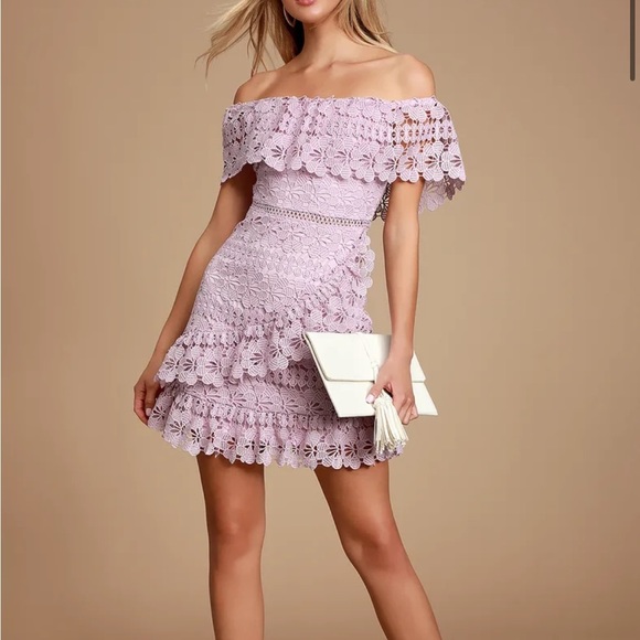 Lulus Dresses & Skirts - Lulu’s Frill and Grace Lavender Lace Off-the-Shoulder Dress Size S